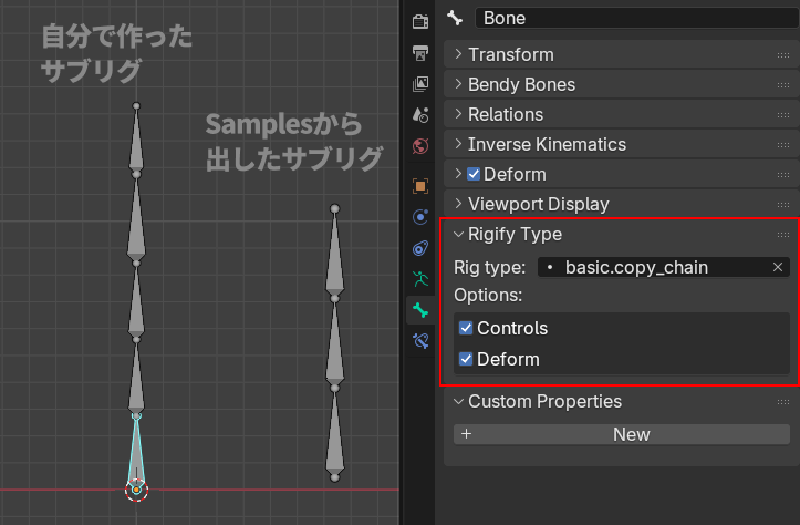 根本の親ボーンにRigify Typeを指定してサブリグにする