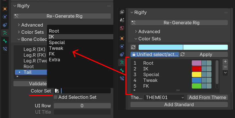 そのグループのリグを何色にするか、Color Set(カラーセット)を割り当てます。