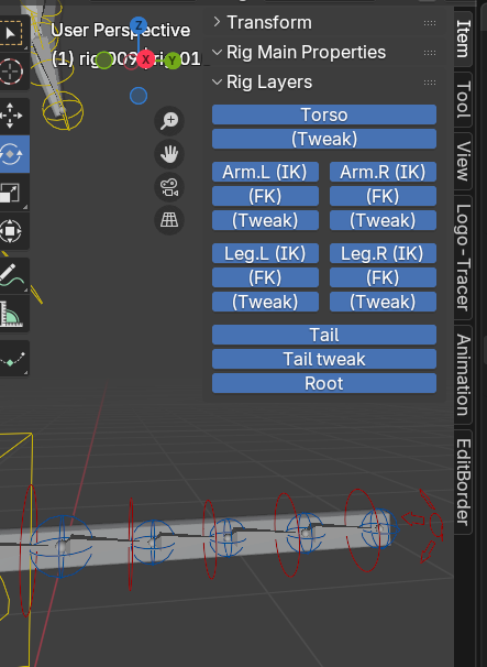 しっぽ用リグのUI設定を整えた画面