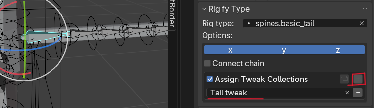 Rig typeのメニューのOptions設定でしっぽのtweak用に作ったボーンコレクションを設定しているところ